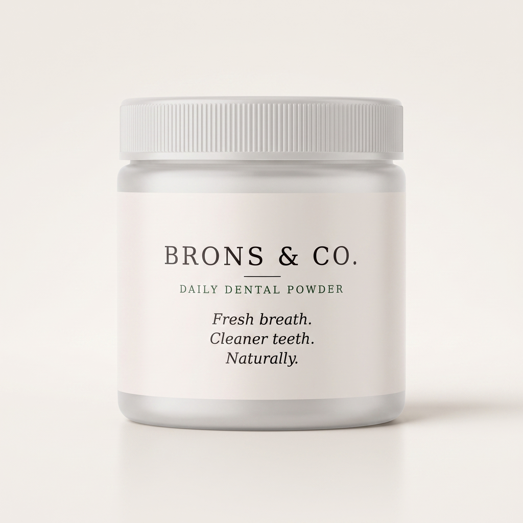 Brons & Co. Daily Dental Powder for dogs, 100g white jar, front label