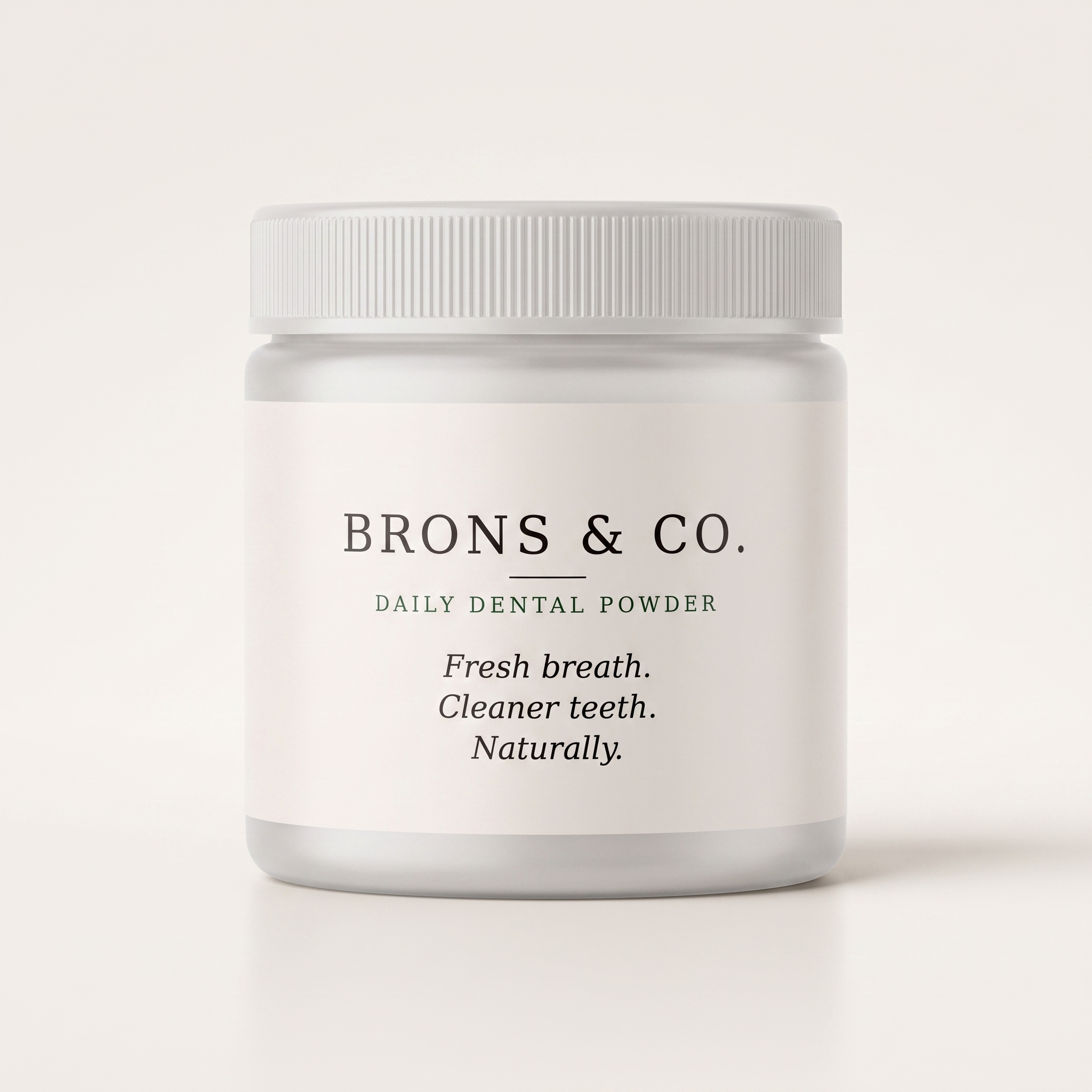 Brons & Co. Daily Dental Powder for dogs, 100g white jar, front label
